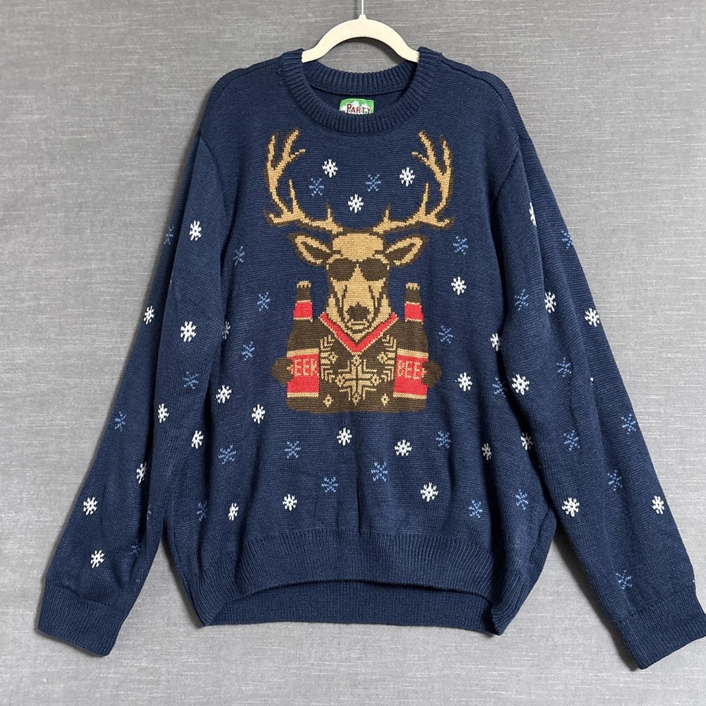Party Sweater 2XL Blue Ugly Christmas Deer Beer Holiday Funny Party‎ Snow